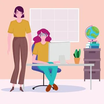 Women with computer at desk work space, people working Stock Illustration