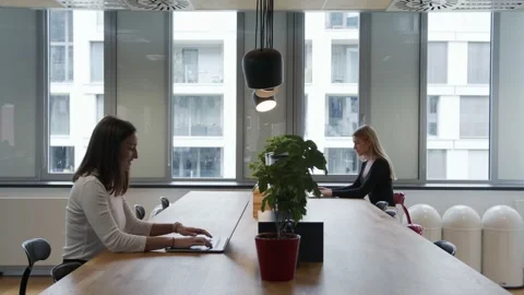 Women in cubicles in office working on laptops, talking and social distancing Stock Footage 136111253