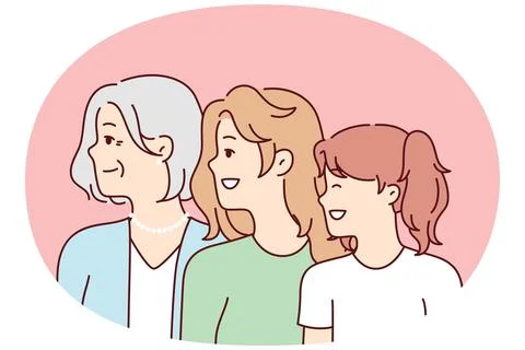 Women of different ages look in same direction with smile for feminism concept Stock Illustration