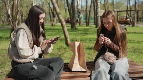 Women from different backgrounds enjoy knitting and chatting outdoors, friends Stock Footage 323319331