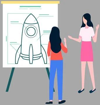 Women discussing model of future rocket on flipchart. Eemale characters create Stock Illustration