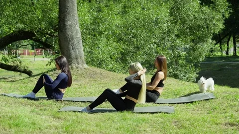 Women doing exercise on yoga mat in city park. Fit females in summer park Stock Footage 335631028