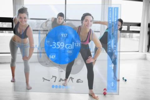 Women doing exercises with trainer while looking futuristic interface 스톡 일러스트