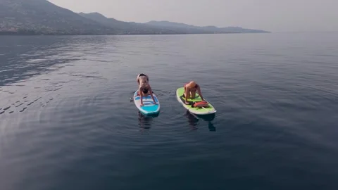 Women Doing SUP Yoga Push-Ups on Paddleboards Stock Footage 344575175