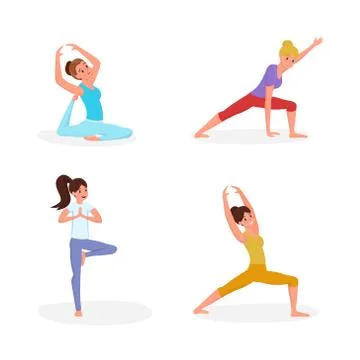 Women doing yoga flat vector illustration set. Girls in yoga poses, stretching Stock Illustration
