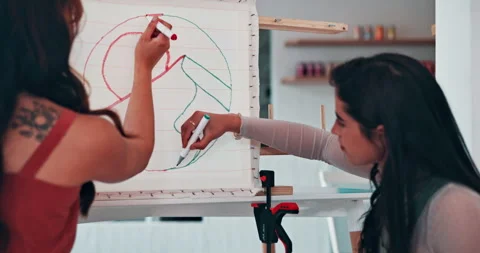 Women, drawing or pattern in art class with creativity, bonding together or 스톡 동영상 306433634