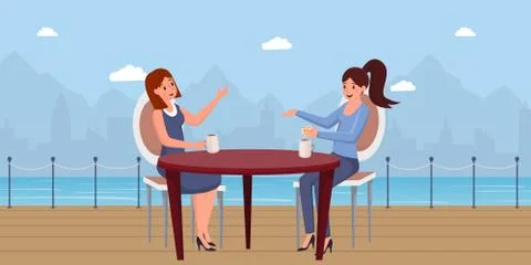 Women drinking coffee flat vector illustration. Elegant business ladies enjoying Stock Illustration