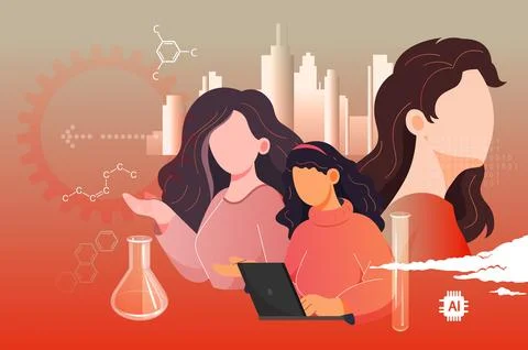 Women Empowerment in Science - Artificial Intelligence, Statistics and Mach.. Stock Illustration