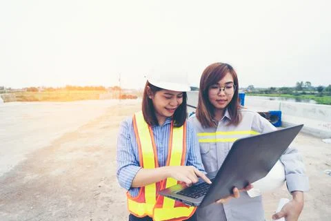 Women engineer control project construction highway Stock Photos