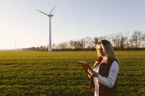 Women engineer using tablet for working on site at wind turbine farm. Foto stock
