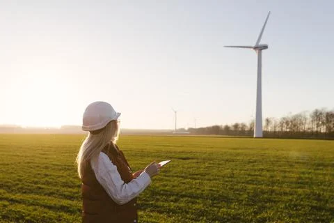 Women engineer using tablet for working on site at wind turbine farm. Foto stock