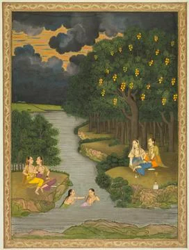 Women enjoying the river at the forests edge, c. 1765. Style of Hunhar II (.. Stock Photos