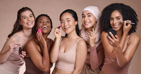 Women group, makeup studio or diversity portrait for skincare, beauty or smile Stock Photos