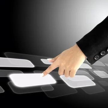 Women hand pushing a button on a touch screen interface Illustrazione stock