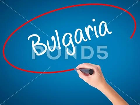 Women Hand writing Bulgaria with black marker on visual screen Stock Photos