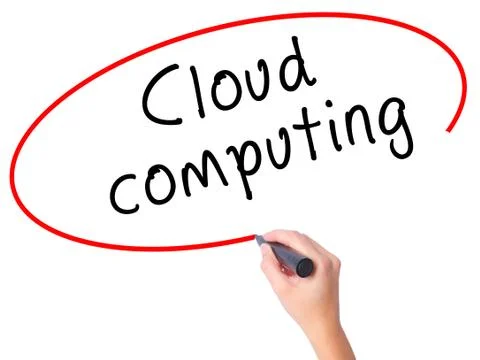 Women Hand writing Cloud computing with black marker on visual screen Foto stock