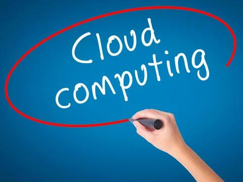 Women Hand writing Cloud computing with black marker on visual screen Foto stock
