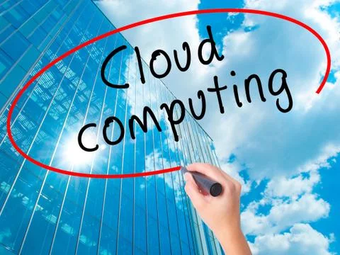 Women Hand writing Cloud computing with black marker on visual screen Stock Photos