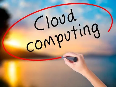 Women Hand writing Cloud computing with black marker on visual s Foto stock