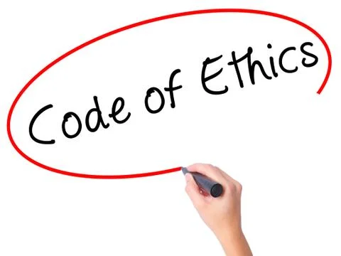 Women Hand writing Code of Ethics with black marker on visual screen Foto stock