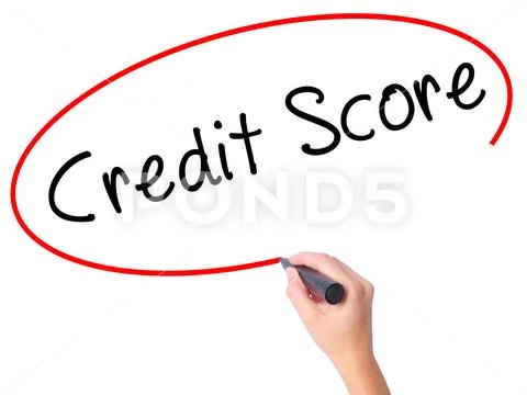 Women Hand writing Credit Score black marker on visual screen Stock Photos