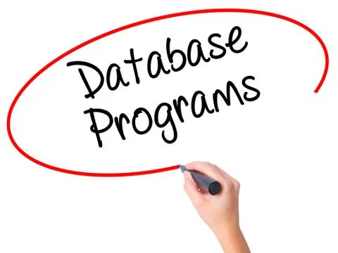 Women Hand writing Database Programs with black marker on visual screen. Foto stock