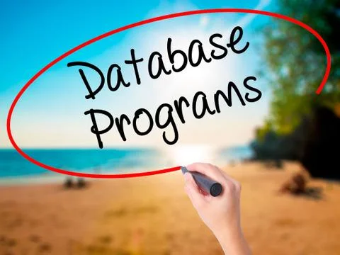 Women Hand writing Database Programs with black marker on visual Foto stock