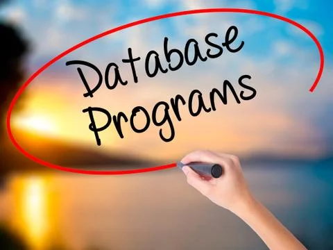 Women Hand writing Database Programs with black marker on visual Foto stock