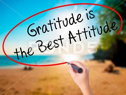 Women Hand writing Gratitude is the Best Attitude with black mar Stock Photos