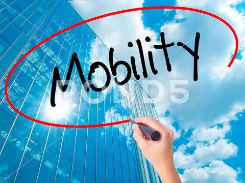 Women Hand writing Mobility with black marker on visual screen Stock Photos