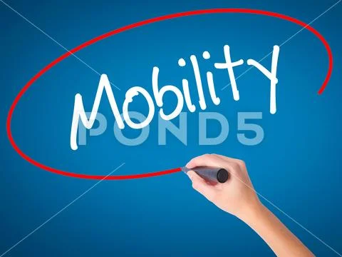 Women Hand writing Mobility with black marker on visual screen Stock Photos
