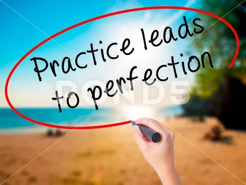 Women Hand writing Practice leads to perfection with black marke Stock Photos