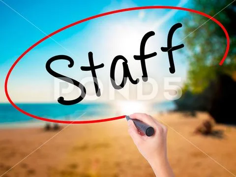 Women Hand writing Staff with black marker on visual screen Stock Photos