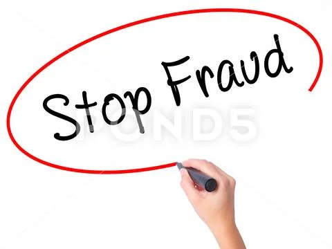 Women Hand writing Stop Fraud with black marker on visual scre Stock Photos