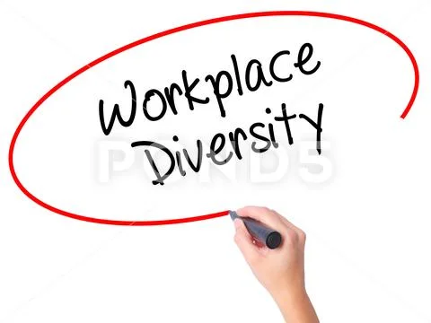 Women Hand writing Workplace Diversity with black marker on vis Stock Photos