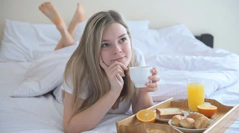 Women having breakfast in the bed Stock Footage 59221693