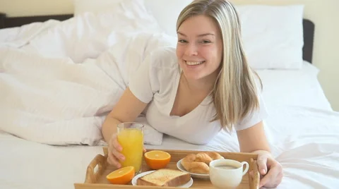 Women having breakfast in the bed Stock Footage 59222526
