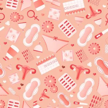 Women hygiene objects seamless pattern with pads, menstrual cups, pills, tampons Stock Illustration