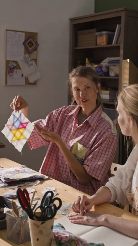 Women Learning Patchwork Quilting in Creative Craft Workshop Stock Footage 341951817