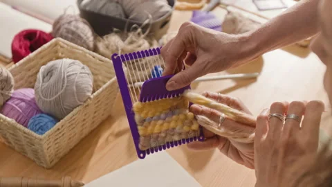 Women Learning Weaving on Mini Hand Loom in Creative Workshop Stock Footage 341948846