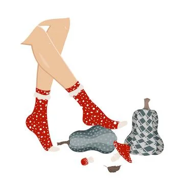 Women legs in fly agaric pattern socks on a pumpkin. Autumn or Halloween illu Illustrazione stock
