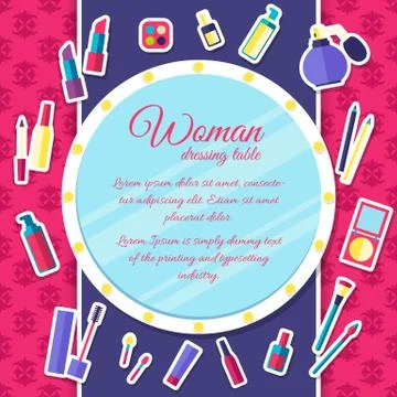 Women makeup cosmetics elements on pink background poster in sticker style 스톡 일러스트