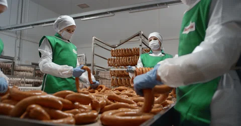 Women making sausages, factory Stock Footage
