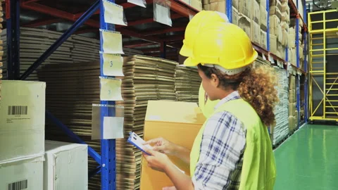 Women manager are checking and counts merchandise and man employee are liftin Video stock 138255754