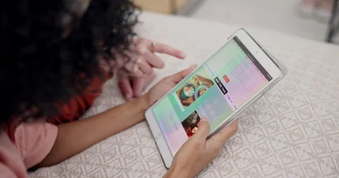 Women, menu or tablet to scroll on website for food choice lying on bed to relax Stock Footage 248710336