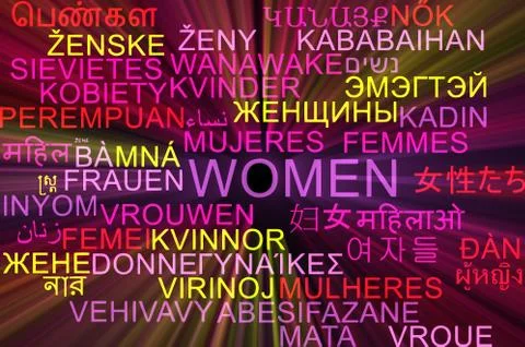 Women multilanguage wordcloud background concept glowing Stock Illustration