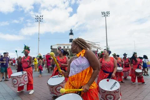 Women percussionists are protesting by playing drums in Salvador, Bahia. Stock Photos