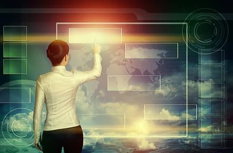 Women push web interface button business woman push virtual icon in multic... Stock Photos