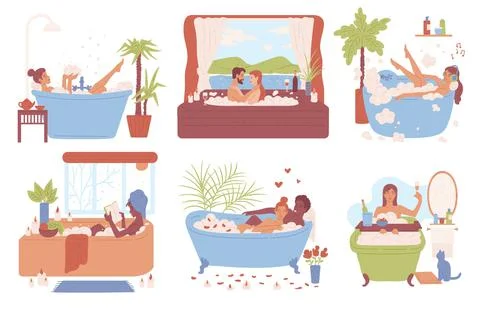 Women relaxing and bathing alone and with man, flat vector illustration isolated Stock Illustration