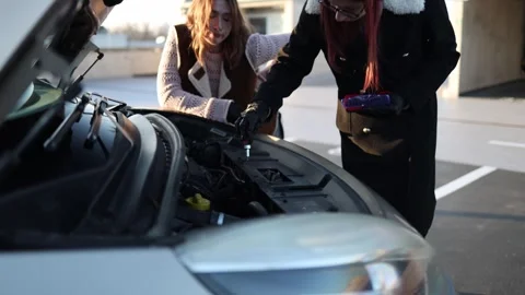 Women repair car engine using screwdriver together outdoors Stock-Footage 332871962